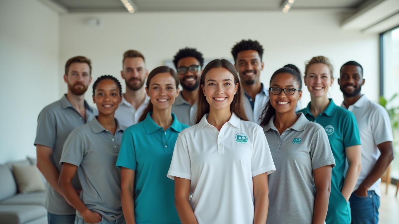 A diverse team of professional cleaners from PC Cleaning Ltd smiling confidently, dressed in clean, branded uniforms, standing in a well-lit modern office environment.