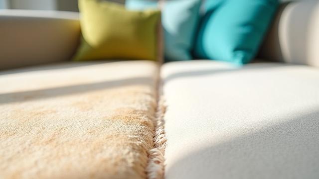 Before and after image of a professionally cleaned, vibrant carpet next to a dull, stained carpet.