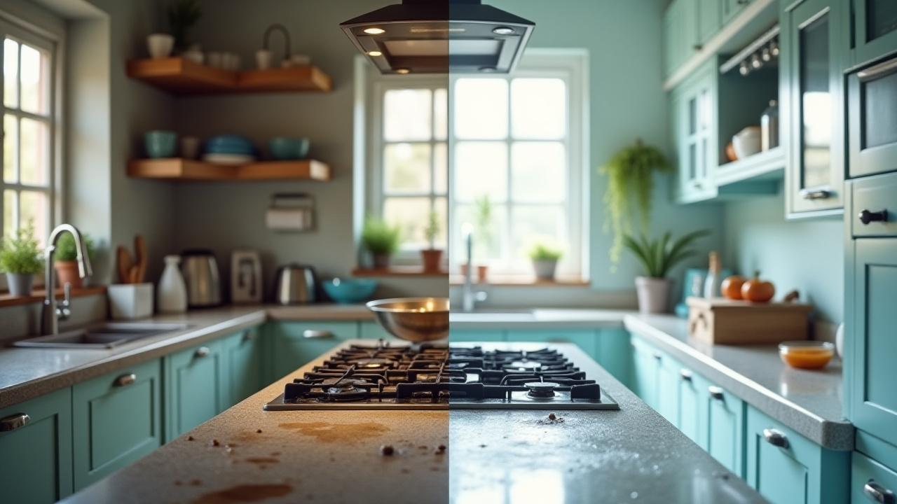 Split screen showing a dirty kitchen before deep cleaning on one side, and a sparkling clean, disinfected kitchen after deep cleaning on the other, highlighting the transformation.