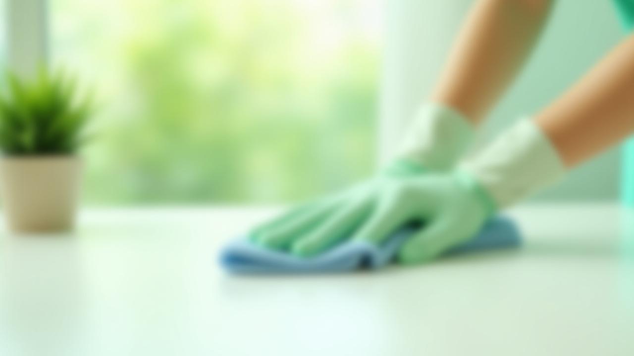 A hand in a biodegradable glove gently wiping a clean surface next to a vibrant green potted plant, bathed in bright, natural light.
