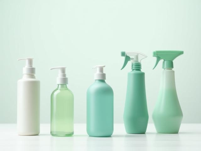 A collection of modern, aesthetically pleasing eco-friendly cleaning product bottles, clearly labeled and arranged on a clean, light surface.
