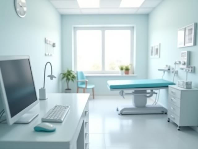 Clean and welcoming GP clinic consultation room with medical equipment.