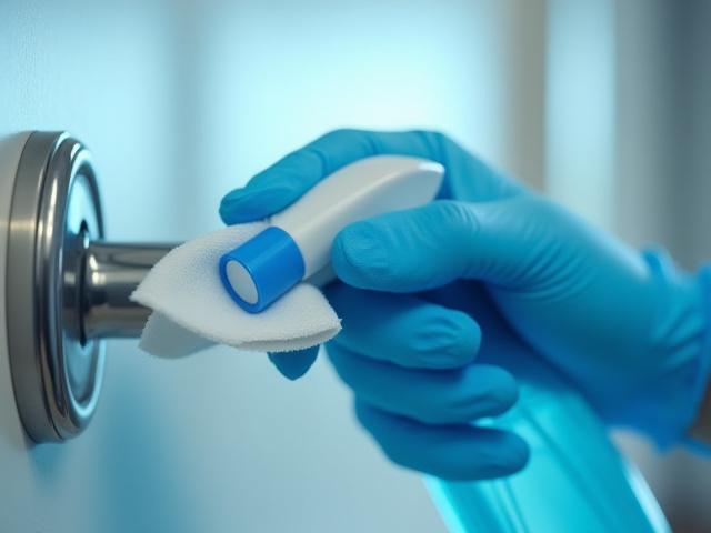 Close-up of a gloved professional cleaner meticulously sanitizing a chrome door handle with a spray bottle and microfibre cloth.